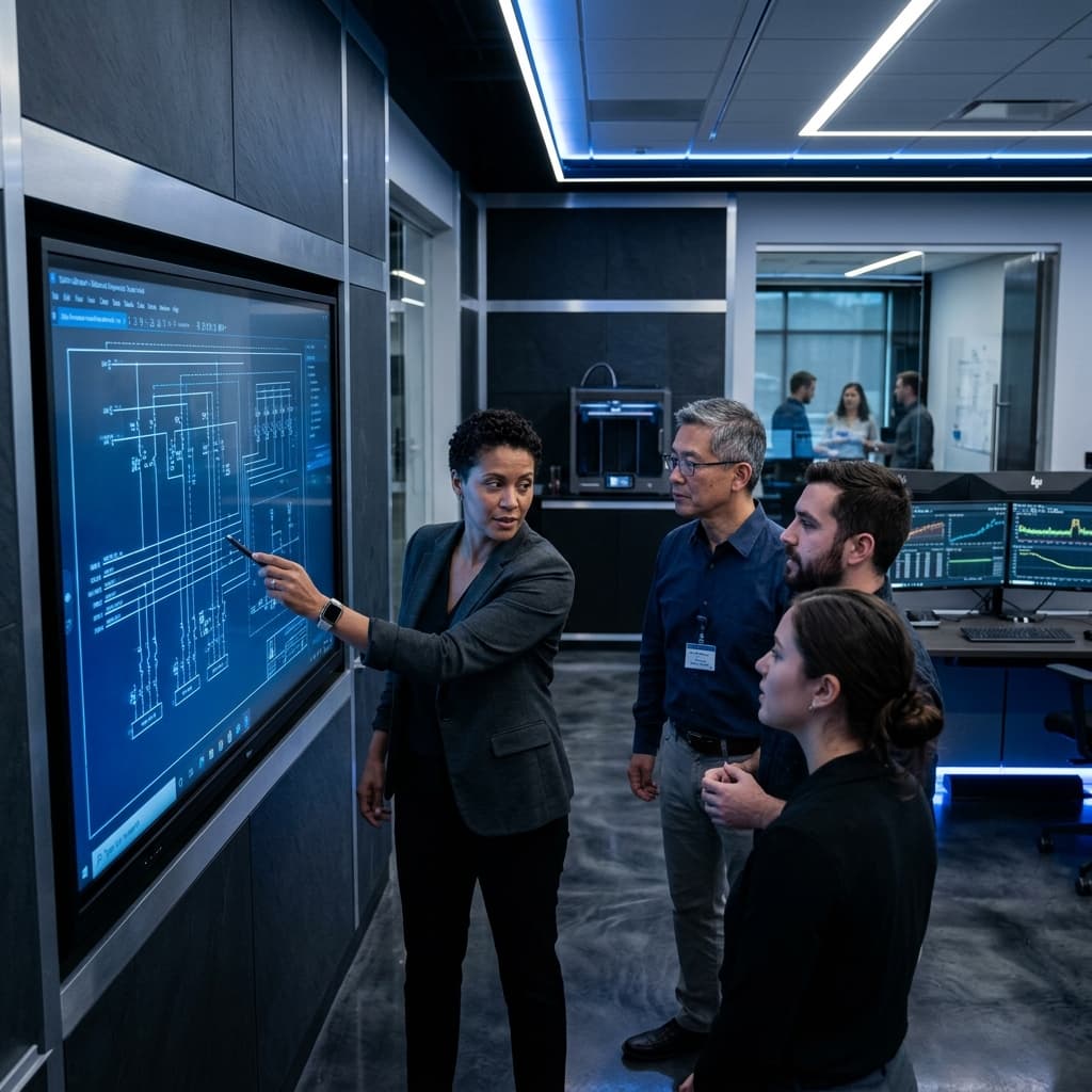 Engineering team reviewing blueprints